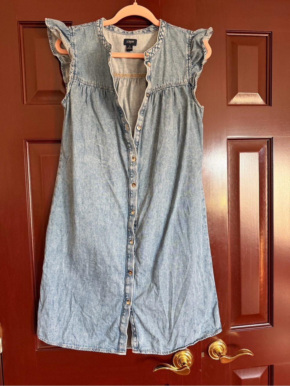 J. Crew Light Blue Denim Midi Dress with Ruffle Cap Sleeves